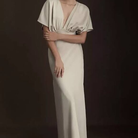 BHLDN Leila Deep V Flutter Sleeve‎ Satin A-Line Womens Gown Size 14 NEW WITH TAG - Picture 1 of 7